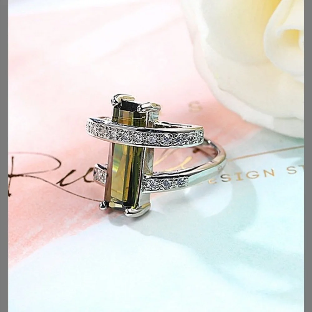 925 Olive Cubic Zirconia & Crystal Ring